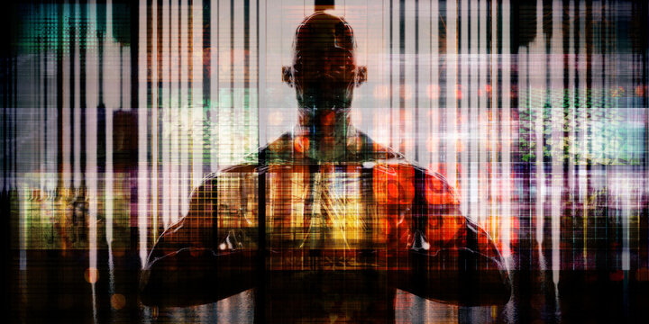 Cybernetic Serenity Figure Contemplating Enhanced Digital Life Patterns