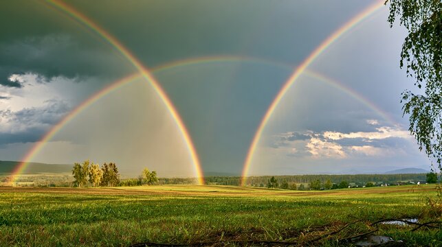 Double rainbow over green field after rain