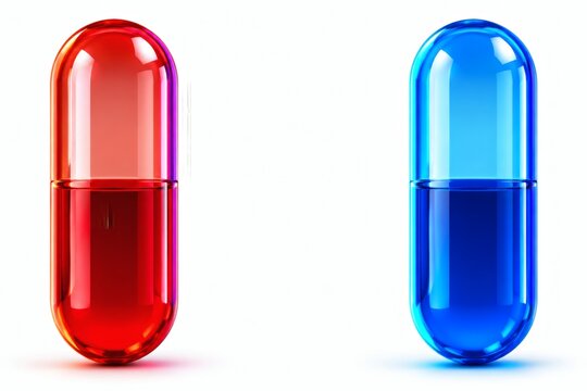 Red Pill Blue Pill Choice: A stark, clear visual of two distinct gelatin capsules, one red and one blue, presented side by side. The image symbolizes choice, decision, and the path one might take.
