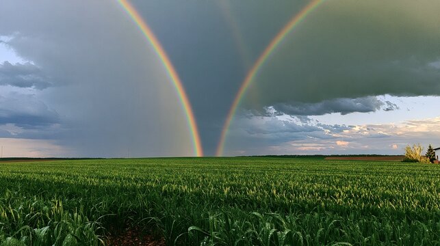 Double rainbow over green field after rain