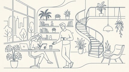 Obraz premium A man and a woman sitting at a table in a modern, stylish office with a spiral staircase and plants in the background.