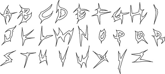 Complete grunge, street art, death metal, rock, and gothic alphabet set in vector format for apparel, textile, branding, and graphic design. © VECTADI