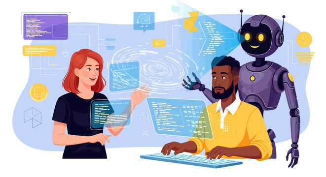 Software Developers Working with Robot Assistant Vector Illustration