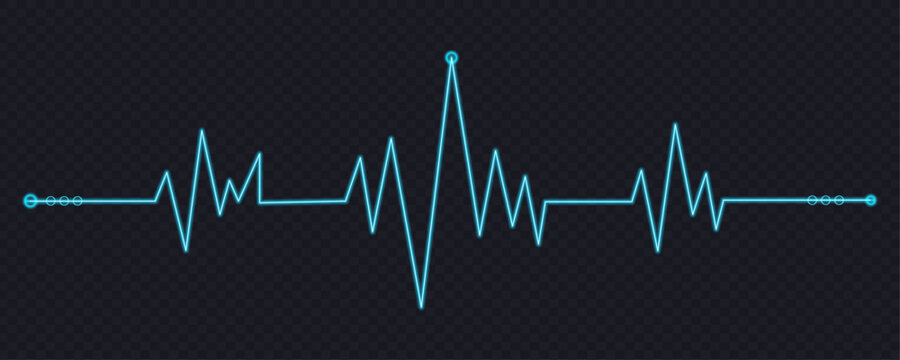 Glowing cyan heartbeat rhythm line on dark transparent background medical concept. Medical healthcare pulse rhythm graphic element design isolated on dark background for diagnostic display.