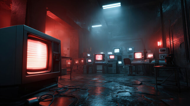 An old abandoned computer room with rows of vintage CRT monitors displaying red screens. The room is dimly lit with red and blue lighting, creating a dystopian atmosphere.