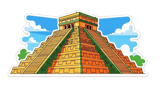 古代のピラミッド遺跡が青空に際立つ鮮やかなイラストレーション太陽の光が歴史を照らし旅の魅力を伝える. AI Generated