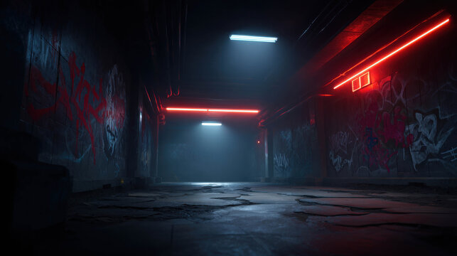 An abandoned underpass filled with graffiti and illuminated by a mixture of red and blue neon lights, creating a dark and edgy atmosphere
