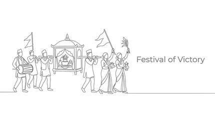 Obraz premium Line art illustration of a traditional Indian festival procession with people carrying a palanquin.