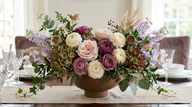 A beautifully arranged floral centerpiece with a variety of flowers in shades of pink, purple, 