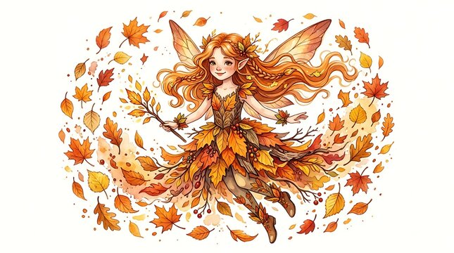 Autumn fairy with long red hair and leaf dress isolated on white background