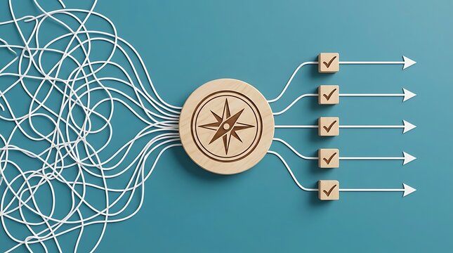 Tangled wires unraveling through a wooden compass icon into straight paths, symbolizing strategic navigation and business workflow optimization