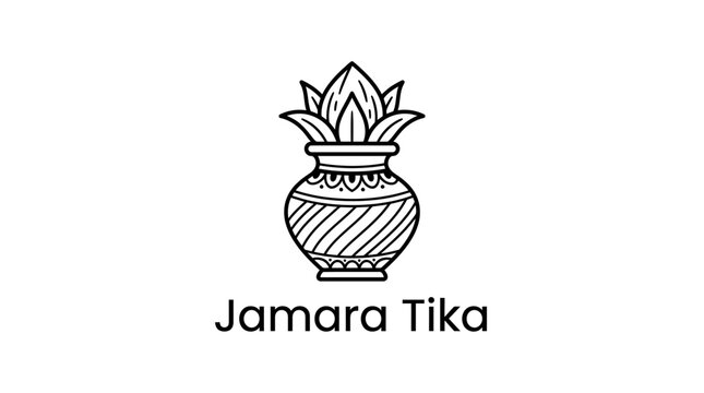 Line art illustration of a traditional Kalash pot with leaves for Dashain festival.