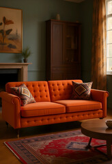 Obraz premium Orange tufted sofa with patterned pillows in a cozy living room with a fireplace and wooden cabinet, the room features a fireplace with a plant and artwork above it, a wooden cabinet