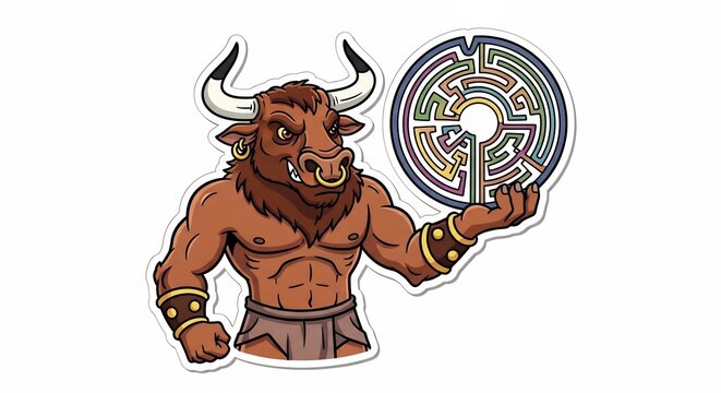 筋肉質な体つきの牛の獣人が複雑な模様のカラフルな迷宮を厳かに提示する鮮やかなイラスト戦略と知恵を駆使して謎を解き明かす冒険. AI Generated