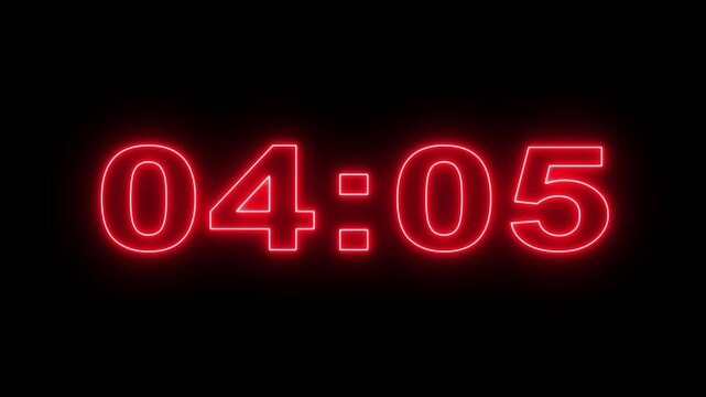 glowing neon 5 minute Countdown. neon 4 to 5 minute Countdown timer on black background