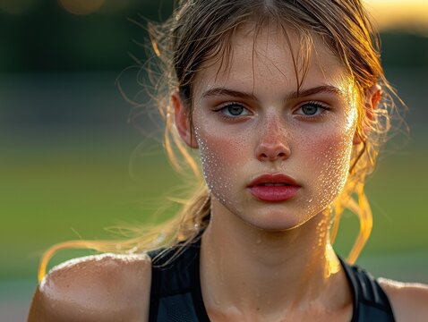 A young woman with freckles and sweat beads on her face looks intensely forward. AI.