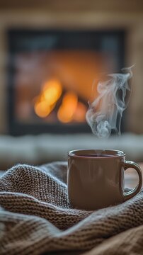 A steaming mug of a warm beverage rests on a cozy blanket, with a blurred fireplace glowing in the background. AI.