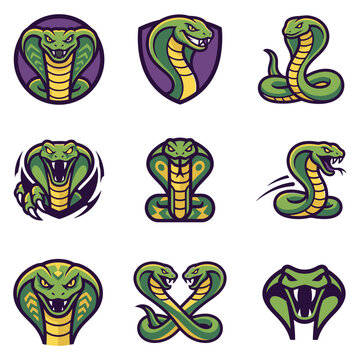 Vector set of nine cobra snake mascot logos for esports gaming teams. Featuring green king cobras with bared fangs, hoods, and aggressive poses isolated on a white background.
