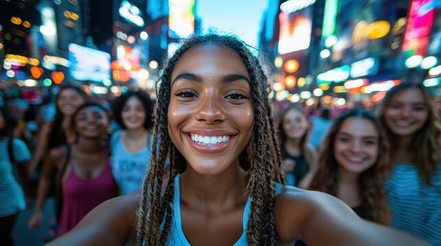 A young woman smiles at the camera in a crowd with bright lights in the background. AI.