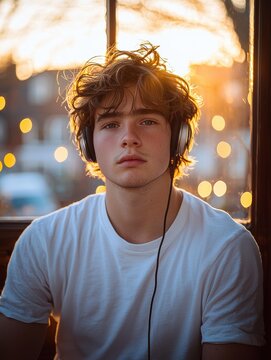 A young man with curly hair wears headphones and a white t-shirt, with the golden light of sunset in the background. AI.