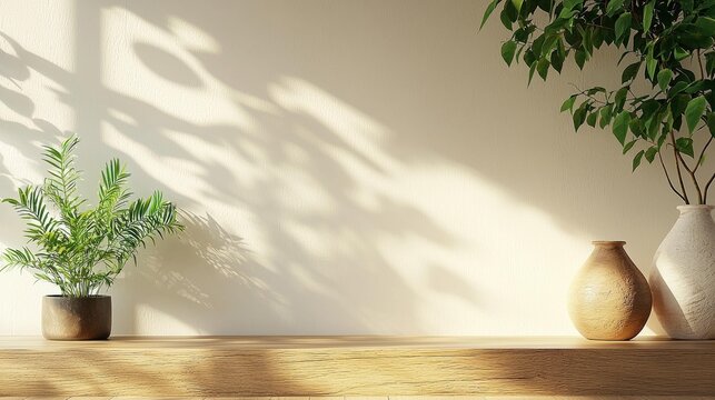 Two potted plants and two ceramic vases sit on a wooden shelf against a textured wall with dappled light and shadow patterns. AI.