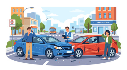 Naklejka premium Car Accident Scene with Insurance Agent and Drivers Discussing Collision Damage