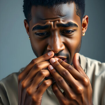 Young african american man with hands covering mouth, expressing shock, fear, or disbelief, on a gray background