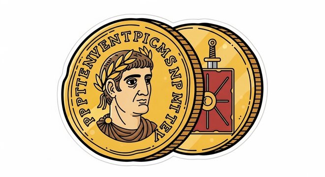 まばゆい金色の輝きを放つ古代ローマの象徴的なコインが堂々と描かれる月桂冠を戴く皇帝の風格ある横顔が精緻に刻まれ力強い盾と剣が誇らしげに並び歴史の重厚な息吹を現代に伝える鮮明なイラストレーション. AI Generated