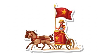 Fototapeta premium 躍動感あふれる兵士が赤星旗を掲げ馬車を力強く駆けるイラスト 鮮やかな色彩と明るい光で表現された白背景の魅力的なクリップアート. AI Generated