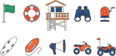 Beach lifeguard and sea rescue equipment line vector icon set with tower quad bike and megaphone © MdMejanur