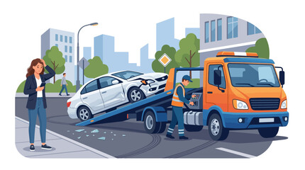 Fototapeta premium Car Accident Tow Truck Rescues Damaged Vehicle, Frustrated Woman