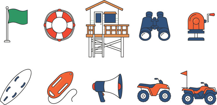 Beach lifeguard and sea rescue equipment line vector icon set with tower quad bike and megaphone