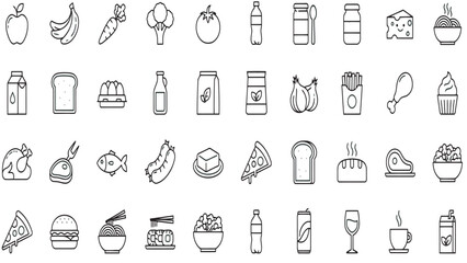 Naklejka premium Modern food and beverage outline icon set for restaurant menus and digital culinary projects