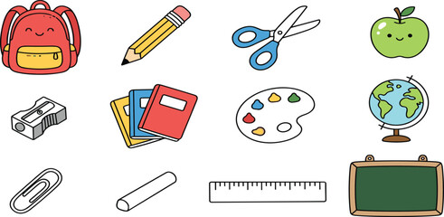 Cute cartoon back to school vector icon set with backpack pencil notebooks and blackboard elements © MdMejanur