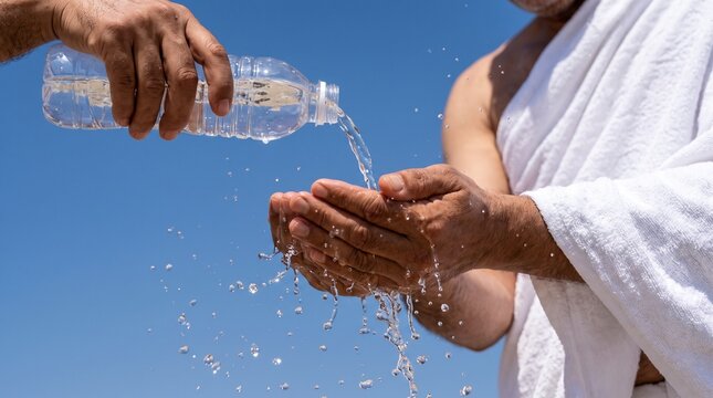 Muslim Pilgrim Washing Hands with Water During Hajj