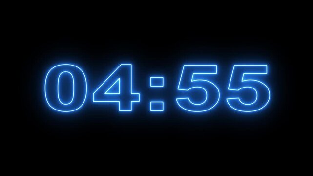 glowing neon 5 minute Countdown. neon 5 to 4 minute Countdown timer on black background