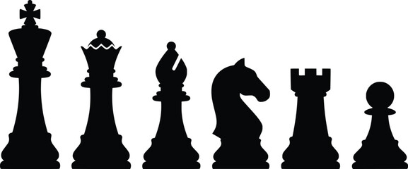 Black chess pieces silhouette set, 6 classic chess icons in vector format, professional strategy game symbols for business and competition © Creative Wings