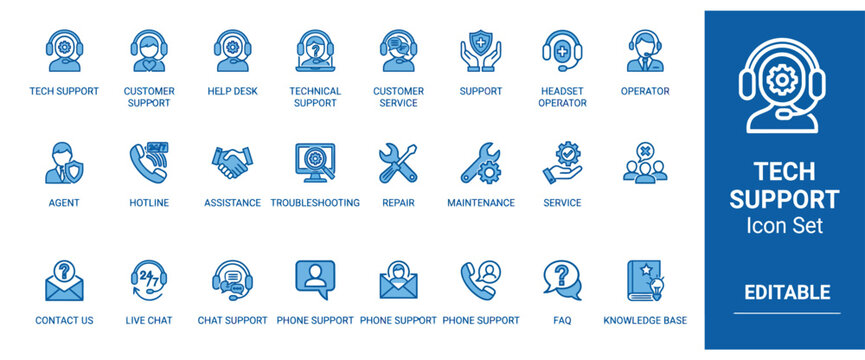Comprehensive set of blue customer service and technical support icons for digital business