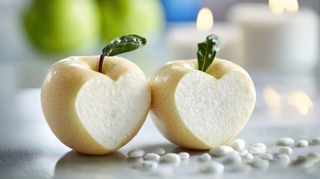 Two heart-shaped apples with stones and candles.