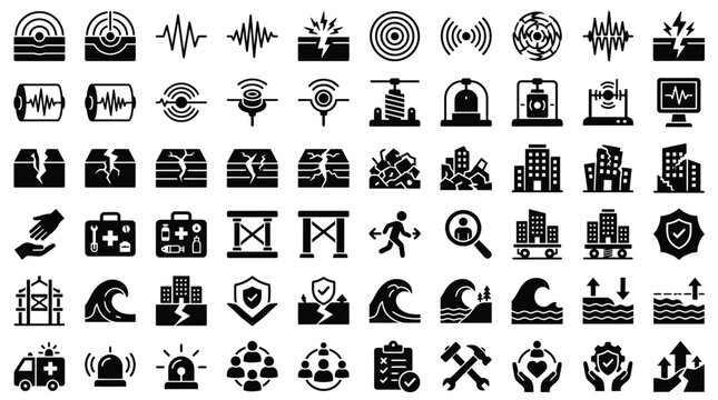 Comprehensive set of earthquake and natural disaster icons including seismic waves, ground faults, destroyed urban buildings, tsunamis, seismographs, and emergency rescue equipment.