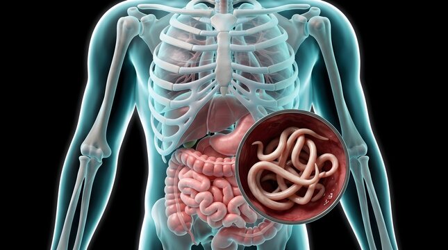 Human anatomy showing intestinal parasite infection with roundworms in the digestive tract for medical healthcare science concept