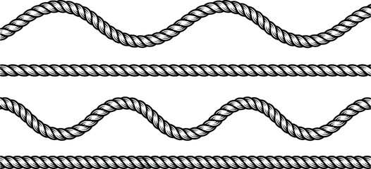 Nautical rope border set with wavy and straight cord lines, black and white marine twine vector illustration, decorative sailing cable frames © Creative Wings