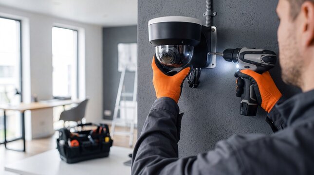 Technician installs a CCTV security camera on a wall using an electric drill, showing surveillance system setup and professional safety equipment.