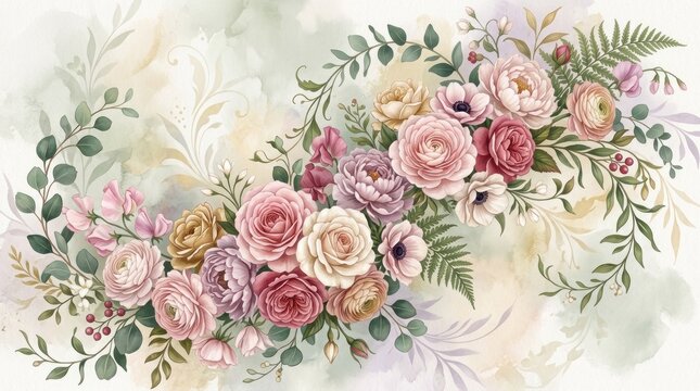 A watercolor painting of a bouquet of pink and purple flowers with green leaves and vines, set against a soft, muted background with a subtle gradient of colors.