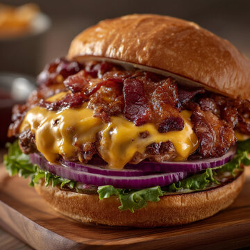 Gourmet bacon cheeseburger with red onion and lettuce on wooden board cheeseburger delicious