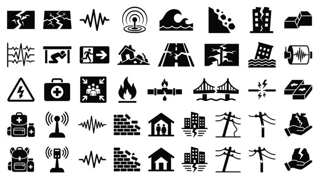 Large collection of black and white earthquake and natural disaster icons including seismic waves, cracked roads, collapsing buildings, emergency kits, tsunami, and evacuation signs.