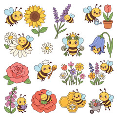 Fototapeta premium Bees and flowers illustration set.