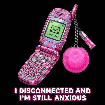 Satirical y2k aesthetic vector illustration of a bedazzled pink flip phone with the funny quote I Disconnected And I'm Still Anxious, optimized for edgy print on demand t-shirt designs.