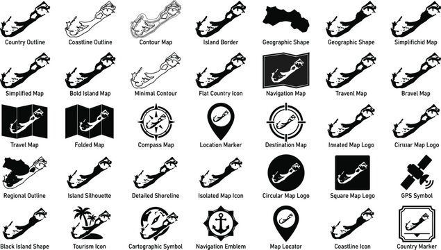 Bermuda island map silhouette icons set for tourism travel navigation cartography and location markers