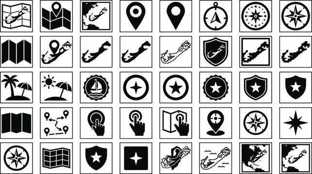 Bermuda island map vector icon set with compass navigation symbols travel markers and location pins